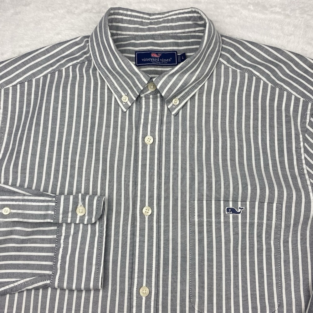 Vineyard Vines Men's Large Gray White Stripe Long Sleeve Shirt